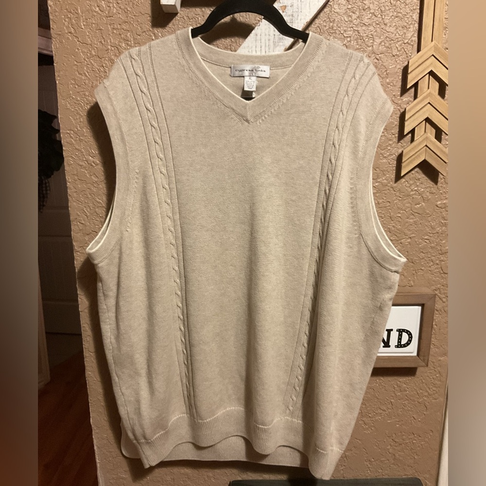 Mens Beige V-Neck Cable Knit Sweater Vest